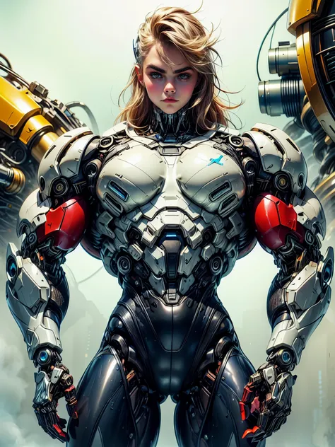 (1 girl), (cara delevingne), (muscular bodybuilder android girl wearing a tight cybernetic bodysuit :1.45), (long hair), (muscular cybernetic bodysuit), (huge oversized arms:1.25), blank background 