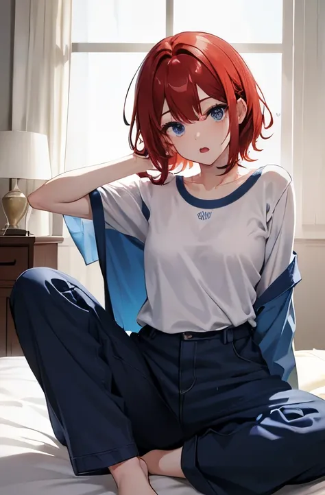 ８K, best quality, master piece, ultra-detailed,　Super Short Hair、pale red hair、Straight Hair、、double eyelid eyes、Pale blue eyes、　、、small breasts、In pajamas、Waking up、My hair is messy、sleepy look、Waking upの表情、sitting on the bed and stretching、yawning、mouth ...