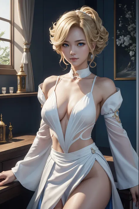 8k、A woman wearing a blue and white 青と白の貴族の服 is taking the photo.、smooth CG art、glossy white skin、8K high quality detailed art、Photorealistic anime girl rendering、fan art best art station、The character is in a natural pose、Beautiful and attractive receptio...