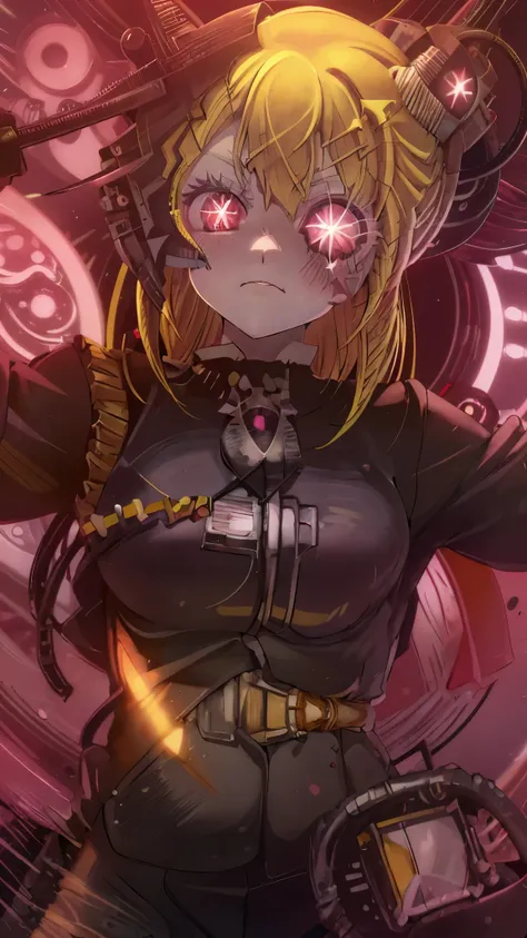 ruby hoshino, (yellow hair:1.5), long hair, one side up, (pink eyes:1.5), sidelocks, (star-shaped pupils:1.5), (symbol-shaped pupils:1.5), (mismatched pupils:1.5), borg cyborg bald gray skin veins metal armor cable eyepatch deadpan expression