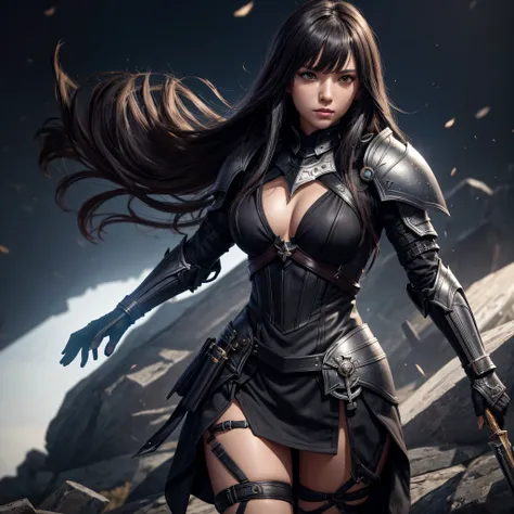 highest quality, masterpiece, PHALTER, shrine, 1 girl, alone, Dark Weapon, dark armor dress, show viewer, Dark Weaponを装備, dark colored gloves, hair between eyes, black dress, chest plate, black armor, side lock, bangs, white long hair, parted lips, plump s...