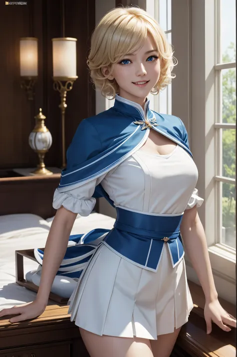 8k、A woman wearing a blue and white 青と白のaristocratic daughter&#39;s costume is taking the photo.、smooth CG art、glossy white skin、8K high quality detailed art、Photorealistic anime girl rendering、fan art best art station、The character is in a natural pose、Be...