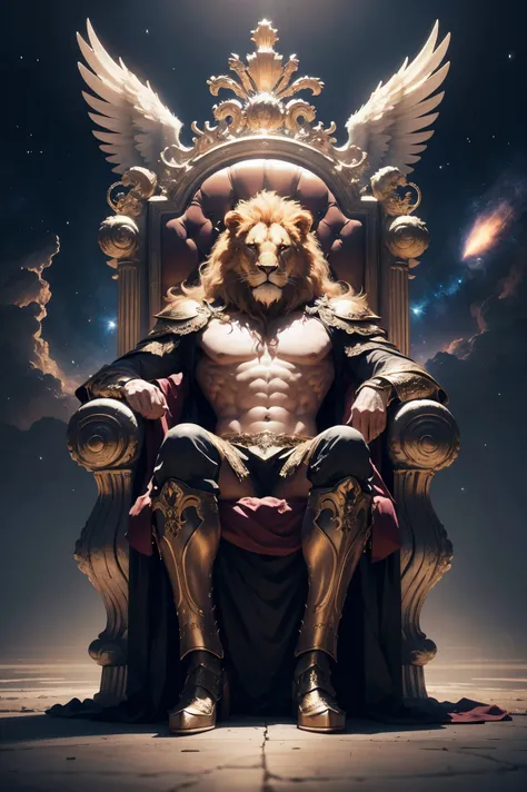 Photograph taken from afar of a humanoid lion with wings and full kings clothing sitting on the throne, with futuristic buildings, background nebula ((best anatomy)) hyperrealism, realism, proportional, total quality, stylized 6k