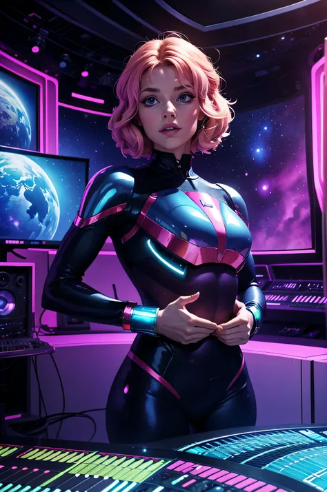 the interior of a futuristic alien spaceship, un alien dans un studio denregistrement qui compose de la musique, porte une armure, pink and blue neon atmosphere