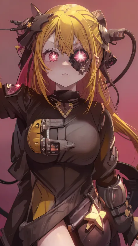 ruby hoshino, (yellow hair:1.5), long hair, one side up, (pink eyes:1.5), sidelocks, (star-shaped pupils:1.5), (symbol-shaped pupils:1.5), (mismatched pupils:1.5), borg cyborg bald gray skin veins metal armor cable eyepatch deadpan expression