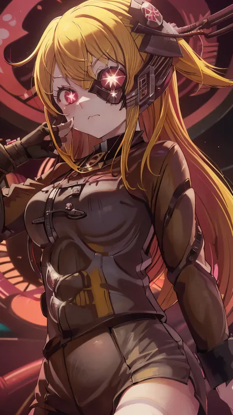 ruby hoshino, (yellow hair:1.5), long hair, one side up, (pink eyes:1.5), sidelocks, (star-shaped pupils:1.5), (symbol-shaped pupils:1.5), (mismatched pupils:1.5), borg cyborg bald gray skin veins metal armor cable eyepatch deadpan expression