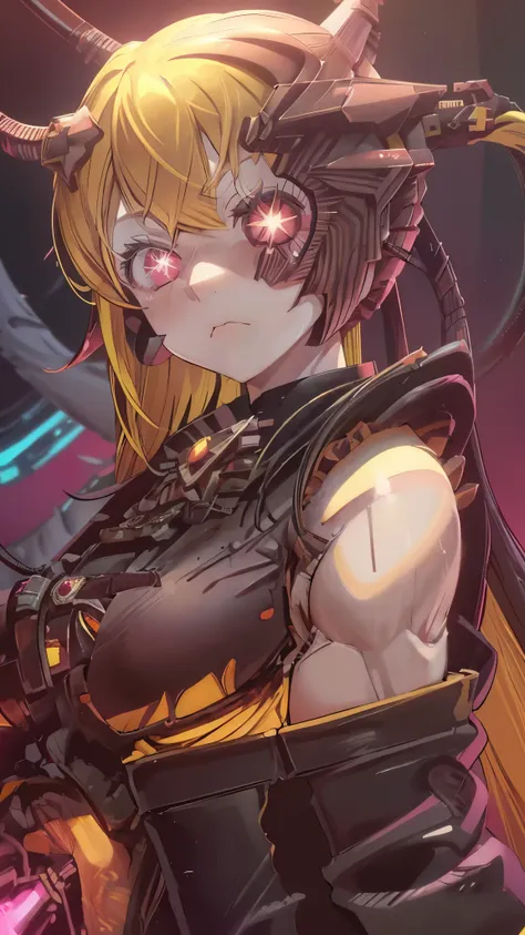 ruby hoshino, (yellow hair:1.5), long hair, one side up, (pink eyes:1.5), sidelocks, (star-shaped pupils:1.5), (symbol-shaped pupils:1.5), (mismatched pupils:1.5), borg cyborg bald gray skin veins metal armor cable eyepatch deadpan expression