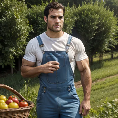 Qualidade de imagem ultra-alta, realistic and strong male characteristics, um homem inspirado em Henry Cavill como Wolverine, Homem musculoso, detailed venous muscles, a man in overalls a basket of tomatoes, wears dirty overalls, Wears overalls, blue jumps...