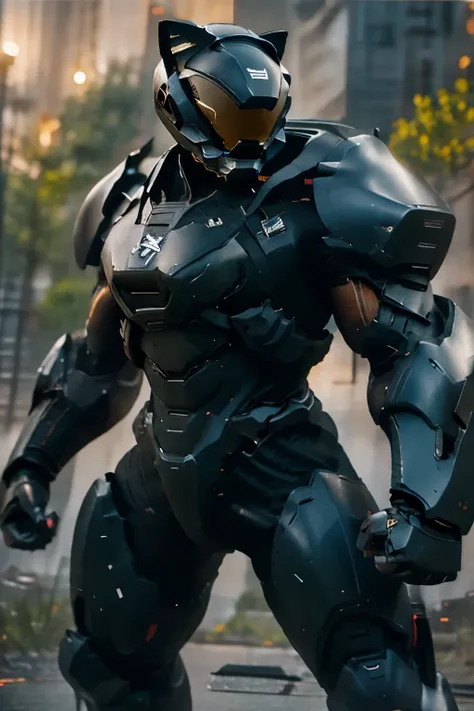 powered armor shaped like a black cat, black cat robot, photo realistic anthropomorphic black cat armor in a cave, hyper realist...