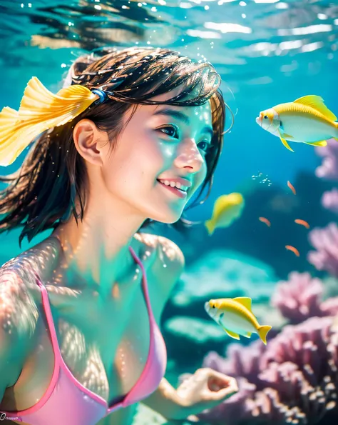 (highest quality, 8k, High resolution, masterpiece:1.2), beautiful japanese girl, (Swim with fish:1.5), 17 years old, (In the clear blue sea:1.5), (whole body:1.3), (shiny light blue hair:1.3, beautiful straight long hair, fine hair is disheveled, asymmetr...