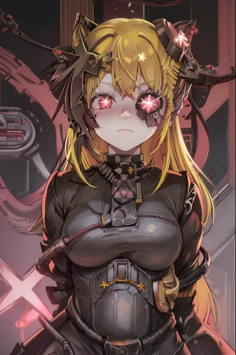 ruby hoshino, (yellow hair:1.5), long hair, one side up, (pink eyes:1.5), sidelocks, (star-shaped pupils:1.5), (symbol-shaped pupils:1.5), (mismatched pupils:1.5), borg cyborg bald gray skin veins metal armor cable eyepatch deadpan expression