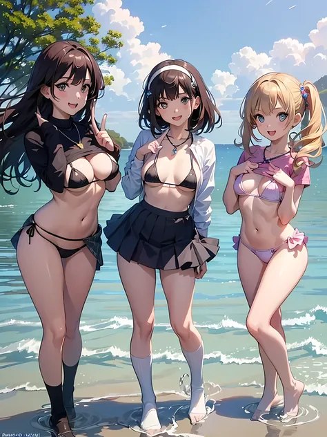 ((highest quality)), ((masterpiece)), (3 girls:1.3), Three cute girls are posing for the camera outdoors underwater, (shirtを持ち上げる),(The wind flips my skirt:1.3), three people standing in a row, (Close-up shot from the waist up:1.5), (open your mouth and sm...