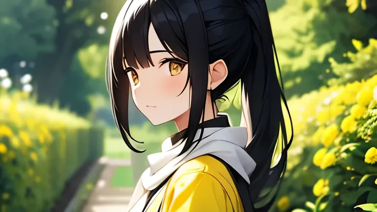 a girl with a black hair and white and yellow outfit and in a garden background, (1girl:0.872), (black hair:0.758), (blurry:0.926), (blurry background:0.703), (yellow eyes:0.562), (depth of field:0.625), (ponytail hair:0.855), (outdoors:0.541), (yellow sca...