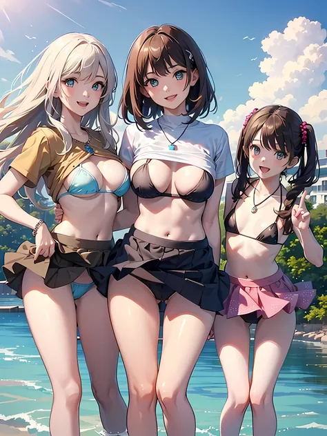 ((highest quality)), ((masterpiece)), (3 girls:1.3), Three cute girls are posing for the camera outdoors underwater, (shirtを持ち上げる),(The wind flips my skirt:1.3), three people standing in a row, (Close-up shot from the waist up:1.5), (open your mouth and sm...