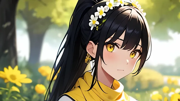 a girl with a black hair and white and yellow outfit and in a garden background, wearing flower crown, (1girl:0.872), (black hair:0.758), (blurry:0.926), (blurry background:0.703), (yellow eyes:0.562), (depth of field:0.625), (ponytail hair:0.855), (outdoo...