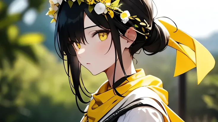 a girl with a black hair and white and yellow outfit and in a garden background, wearing flower crown, (1girl:0.872), (black hair:0.758), (blurry:0.926), (blurry background:0.703), (yellow eyes:0.562), (depth of field:0.625), (ponytail hair:0.855), (outdoo...