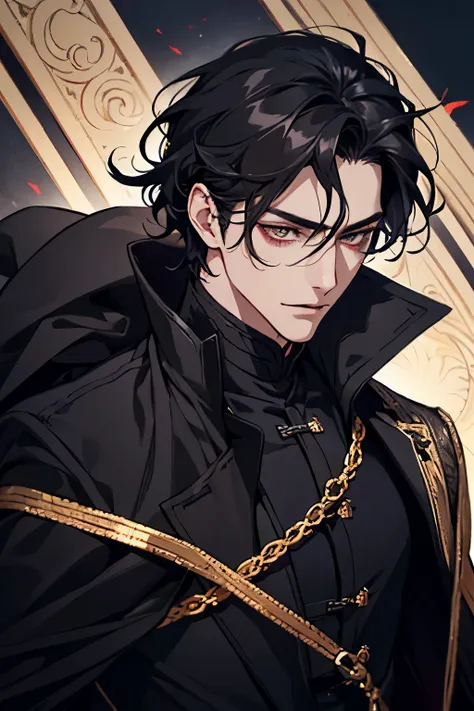 close up of a person in a black coat and black hair, full body xianxia, beautiful male god of death, vampire fashion, wearing a black noble suit, detailed anime character art, male vampire of clan banu haqim, full body black and black longcoat, with his sh...