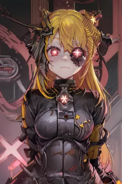 ruby hoshino, (yellow hair:1.5), long hair, one side up, (pink eyes:1.5), sidelocks, (star-shaped pupils:1.5), (symbol-shaped pupils:1.5), (mismatched pupils:1.5), borg cyborg bald gray skin veins metal armor cable eyepatch deadpan expression