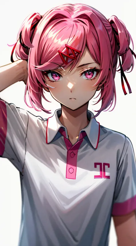 natsuki, olhos rosa, Cabelo rosa, dois lados para cima, hair ornament, fita de cabelo, camisa branca gola polo, olhando para o espectador, tronco, exibindo camiseta,