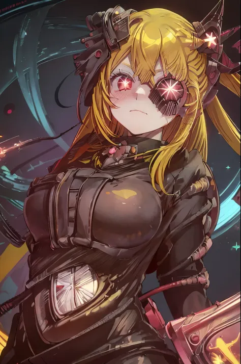 ruby hoshino, (yellow hair:1.5), long hair, one side up, (pink eyes:1.5), sidelocks, (star-shaped pupils:1.5), (symbol-shaped pupils:1.5), (mismatched pupils:1.5), borg cyborg bald gray skin veins metal armor cable eyepatch deadpan expression