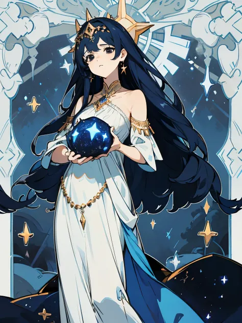 Goddess of the universe,Emotionless eyes,black eyes,Dark blue hair,There are bits of stars in my hair.,Wear a long white dress,long hair