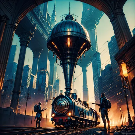 epic masterpiece A painting of a sci-fi train passing through an ancient Chinese city，people standing on railroad tracks, Inspired by Stephen Cordell, amazing concept painting, Inspired by Craig Mullins style, ultra Highly realistic concept art, Dappled li...