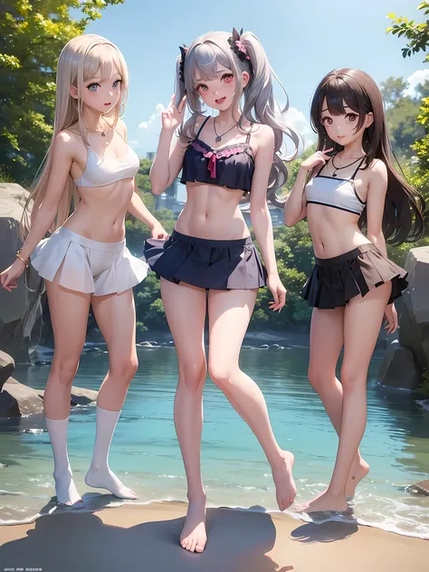 ((highest quality)), ((masterpiece)),(Noble), (elegant), (cute), (3 girls:1.8), three girls are posing for a camera outdoors in the water, (自分のshirtをめくる), (very small bikini top),The wind blows up my skirt,(stand in line), (Close-up shot from the knee:1.3)...