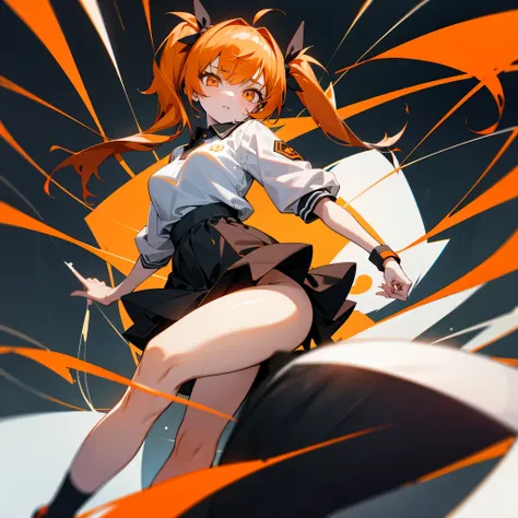 1 young girl, orange twintails, orange eyes, orange and black polo, black skirt, black socks, white shoes, looking at viewer, full length, absurdres, high res, ultrasharp, 8k, masterpiece