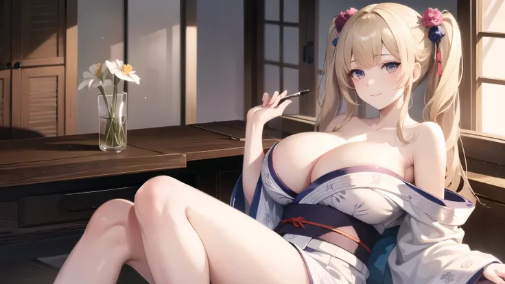 (((masterpiece, best quality))), (((superior quality))), cute girl, ((extremely detailed girl)), ((huge breasts)), (yukata), (bare shoulders), strapless top, slight smile, twin tail blonde