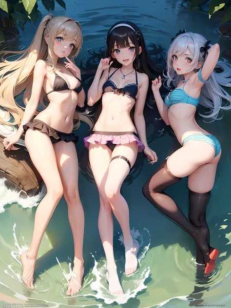 ((highest quality)), ((masterpiece)),(Noble), (cute), (3 girls:1.8), three girls are posing for a camera outdoors in the water, (自分のshirtをめくる), (very small bikini top),The wind blows up my skirt,(stand in line), (Close-up shot from the knee:1.5), perfect f...