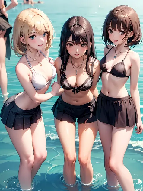 ((highest quality)), ((masterpiece)),(Noble), (cute), (3 girls:1.8), three girls are posing for a camera outdoors in the water, (自分のshirtをめくる), (very small bikini top),The wind blows up my skirt,(stand in line), (Close-up shot from the knee:1.5), perfect f...