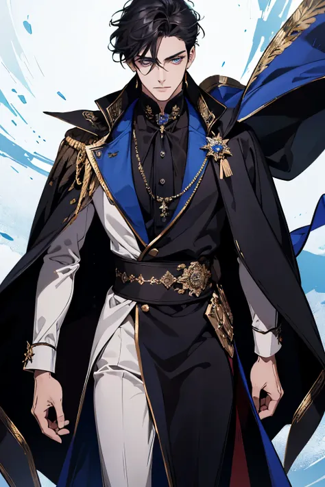 a close up of a person wearing a cape and a cape, wearing fantasy formal clothing, beautiful androgynous prince, ((wearing aristocrat robe)), delicate androgynous prince, regal dark blue clothes, silver brocaded dark blue clothes, costume with blue accents...