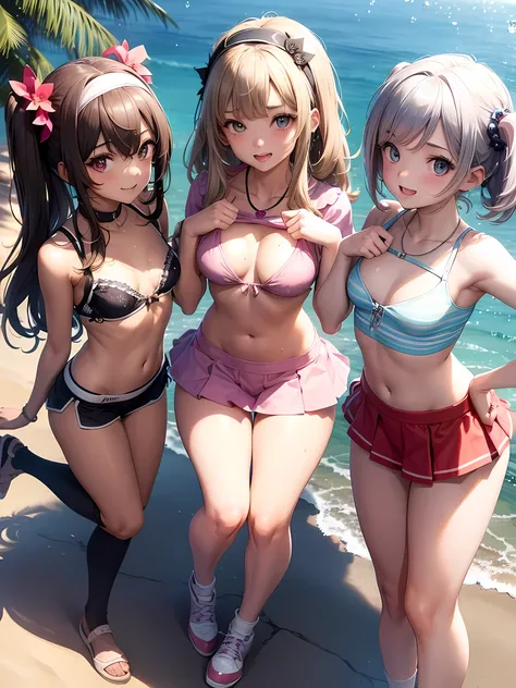 ((highest quality)), ((masterpiece)),(Noble), (cute), (3 girls:1.8), three girls are posing for a camera outdoors in the water, (自分のshirtをめくる), (very small bikini top),The wind blows up my skirt,(stand in line), (Close-up shot from the knee:1.5), perfect f...