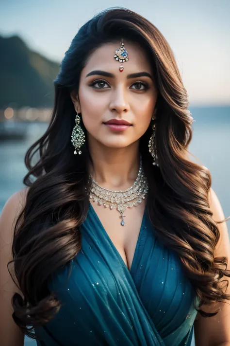 Portrait of A confident-looking indian  woman with long flowing hair, hazel eyes, with flowing capes, ocean background, bokeh, perfect composition, hyperrealistic, super detailed, 8k, high quality, trending art, trending on artstation, sharp focus, studio ...