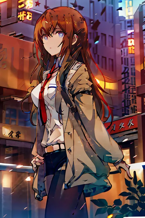 kurisu is walking into town , high quality , looking at the stars