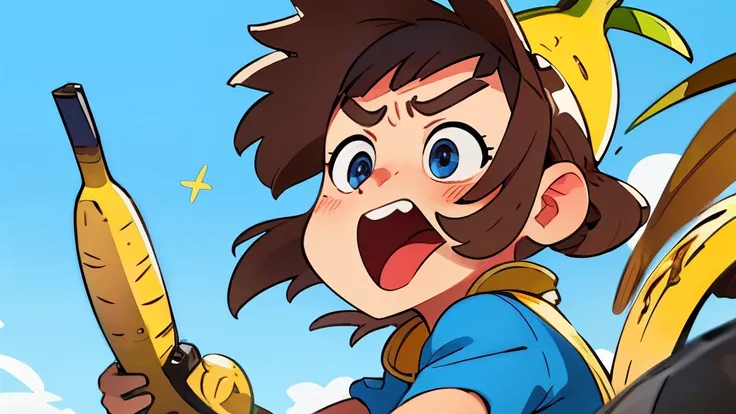 super mad, screaming, angry, dramatic, strong contrast and saturation, blueish shooting range background, high detailed, fornite banana costume, shooting, guns, bananas guns, bananas, big eyes, in a close view, front, brown hair, blue eyes