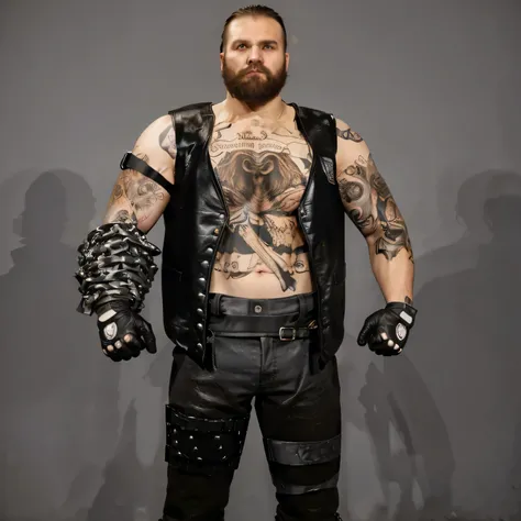 ((masterpiece, best quality)), caucasian man with short brown hair beard and black leather vest, black leather gloves biker vest black leather pants posing for a picture, realistic face metal knee brace, elbow wrestling pad biker outfit, metal chain and me...