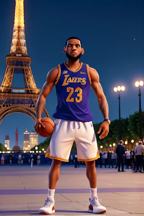 LeBron James, the renowned basketball superstar, is gracefully playing a game of basketball in the enchanting cityscape of Paris. The Eiffel Tower stands proudly in the background, casting a mesmerizing glow over the bustling scene. LeBron, dressed in his ...