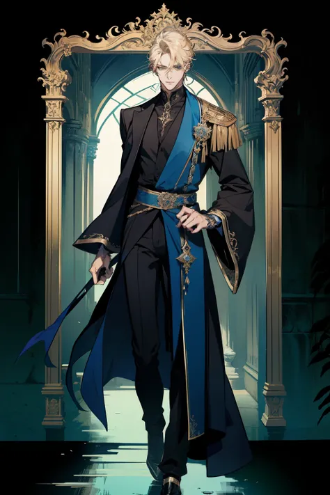 detailed 25 year old male face, handsome，tall and muscular boy, wearing fantasy formal clothing, beautiful androgynous prince, ((wearing aristocrat robe)), delicate androgynous prince, regal dark blue clothes, delicate androgynous prince, beautiful androgy...