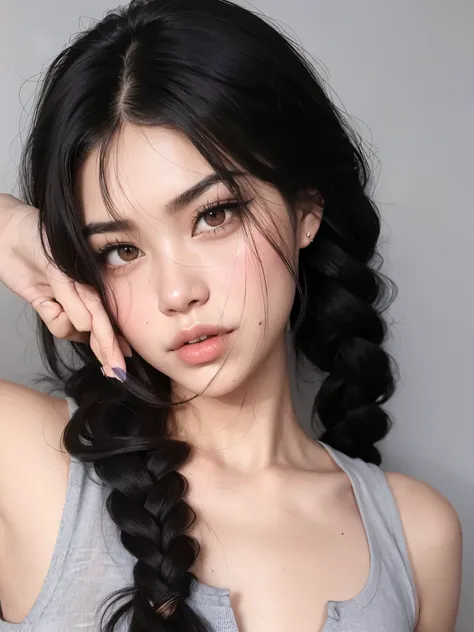 Mujer arafed con cabello largo y negro y una camiseta sin mangas gris, pelo de coletasstyle, con coletas negras, Southeast Asian with round face, hermoso rostro estetico, two pelo de coletasstyle, muchacha coreana, ulzzang, Beautiful asian girl, pelo de co...