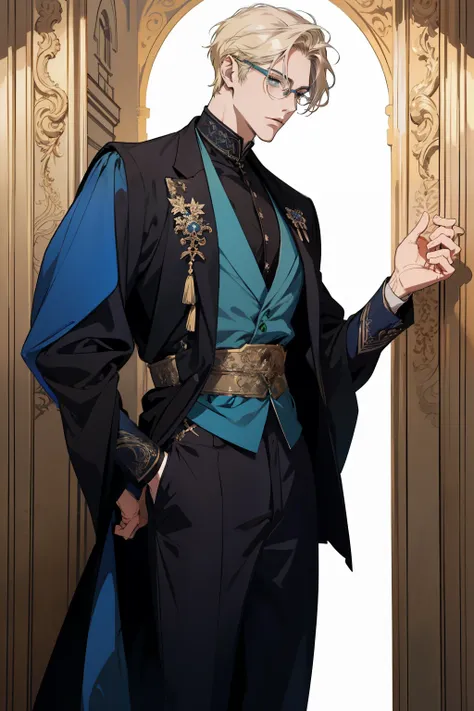 detailed 25 year old male face, handsome，tall and muscular boy, wearing fantasy formal clothing, beautiful androgynous prince, ((wearing aristocrat robe)), delicate androgynous prince, regal dark blue clothes, delicate androgynous prince, beautiful androgy...