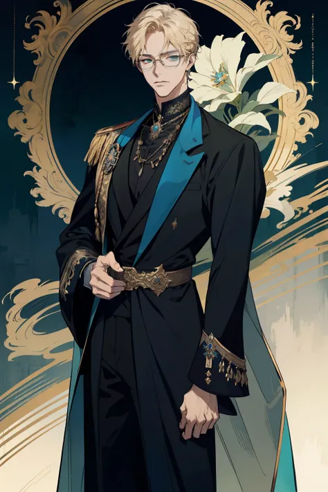 detailed 25 year old male face, handsome，tall and muscular boy, wearing fantasy formal clothing, beautiful androgynous prince, ((wearing aristocrat robe)), delicate androgynous prince, regal dark blue clothes, delicate androgynous prince, beautiful androgy...