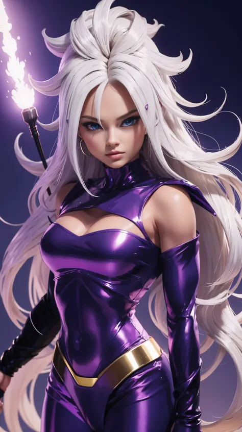 Uma barbie se transformando em dark super saiyajin com cabelo roxo e olhos dourados brilhantes