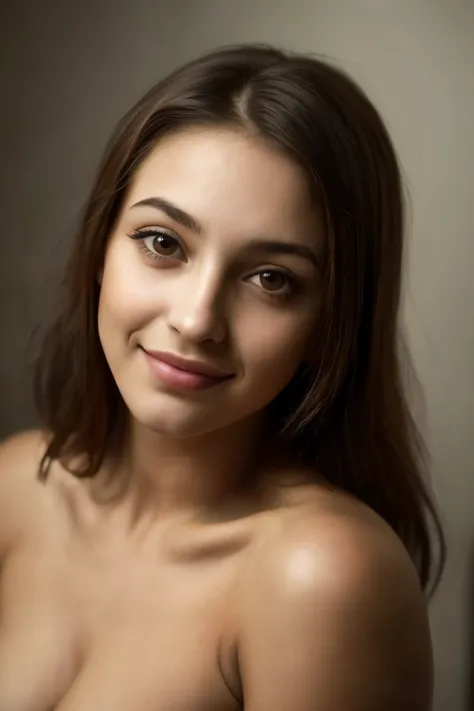 Close-up of a gorgeous young 21 year old woman, capturada em uma fotografia editorial impressionante. Seu rosto altamente detalhado, with all its features and characteristics perfectly portrayed, its truly stunning. Um sorriso encantador ilumina o seu rost...