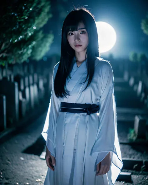 highest quality, 8k, High resolution, masterpiece:1.2), (full moon night:1.2), beautiful japanese girl, (whole body:1.3), (Black hair illuminated by the moonlight:1.3, beautiful straight long hair, asymmetrical bangs:1.3), magic big eyes, High resolutionの黒...