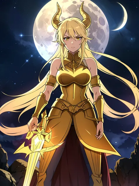 1girl,20s,solo,beautiful girl,horns,long hair,cathyl hair,light blonde hair,gold armor,holding a golden sword,yellow eyes,,ray l...