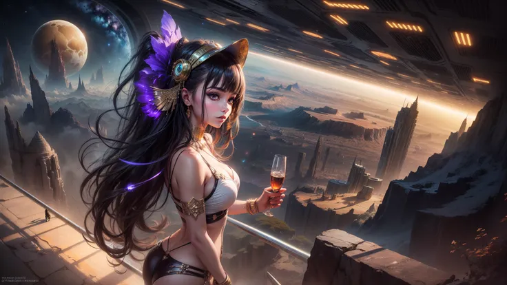 "((Cyberstyle girl)) with an Egyptian twist, standing amidst a mesmerizing space landscape with fantastic planets, the golden hour enhancing the ((science fiction ambiance)), ((futuristic masterpiece)), detailed composition, (best quality)