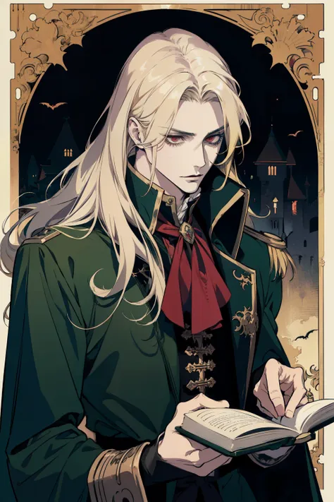 anime, a man with long blonde hair and a green coat, alucard, castelvania, beautiful androgynous prince, magical blond prince, d...