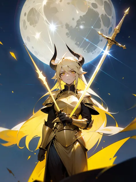 1girl,20s,solo,beautiful girl,horns,long hair,cathyl hair,light blonde hair,gold templar knight armor,((holding a golden sword)),yellow eyes,,Ray Light Glow Lens Flare,((night,night sky,full moon)),angry,dinamic pose