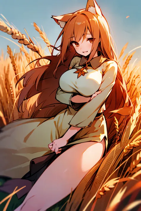 woman, wheat field, fluffy tail, big breasts, thighs, red star